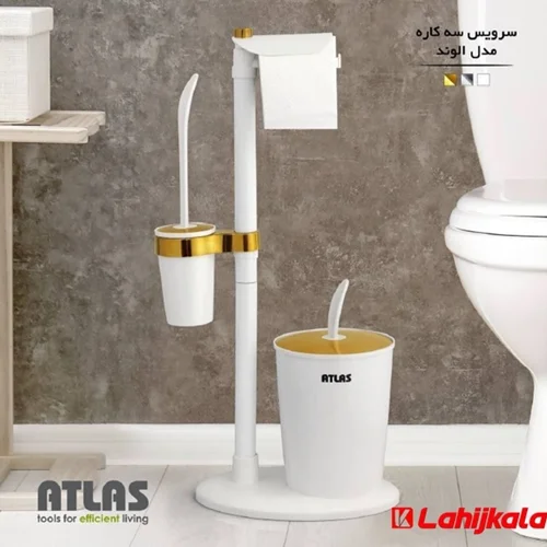 سرویس سه کاره سطل برس و جا دستمال اطلس مدل الوند سفید کروم